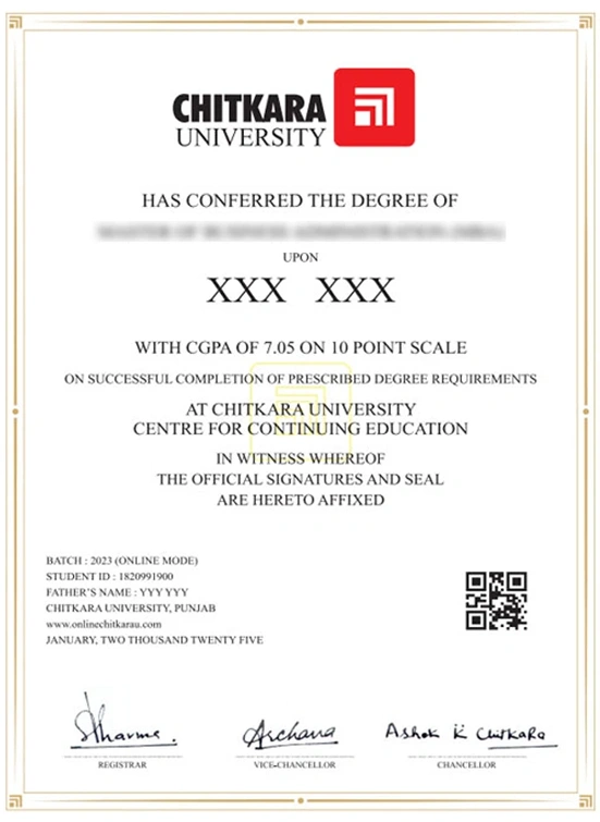 Chitkara University Online Sample Certificate