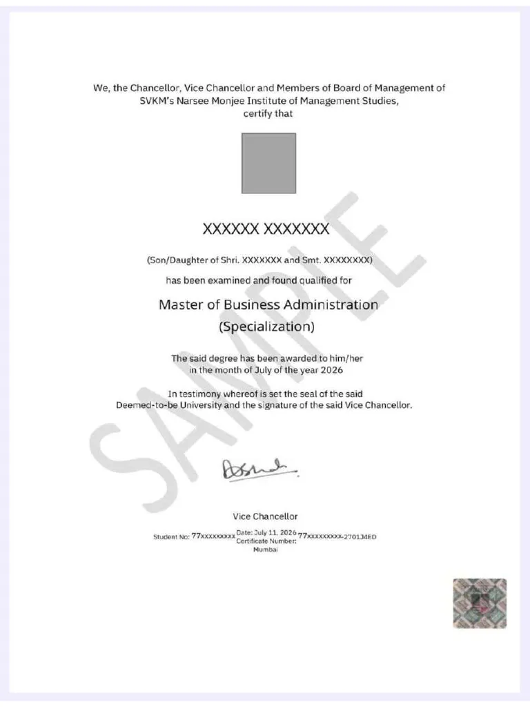 NMIMS Centre for Distance and Online Education Sample Certificate