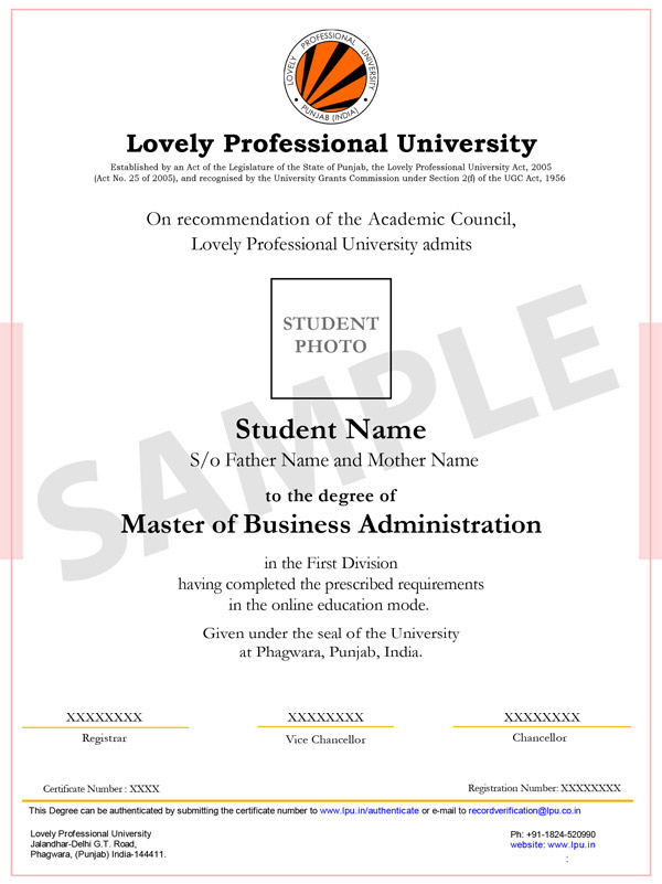 Lovely Professional University (LPU) Sample Certificate